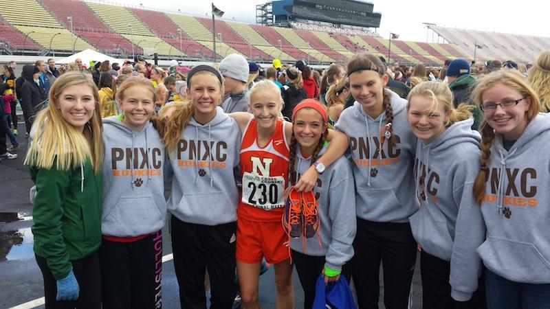 PNs runners from left to right: Katelyn Moon (11), Kristina Maki (11), Ally Rabe (12), Alexa Vanderhoff (10), Kayla Gercak (11), Emily Hamlin (9), Sophie Morin (10), and Maggie Graham (10).