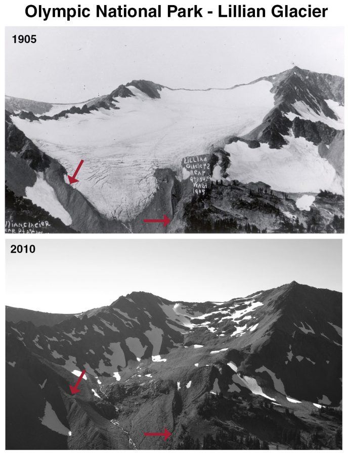 This photo shows the recession of the Lillian Glacier at Olympic National Park.