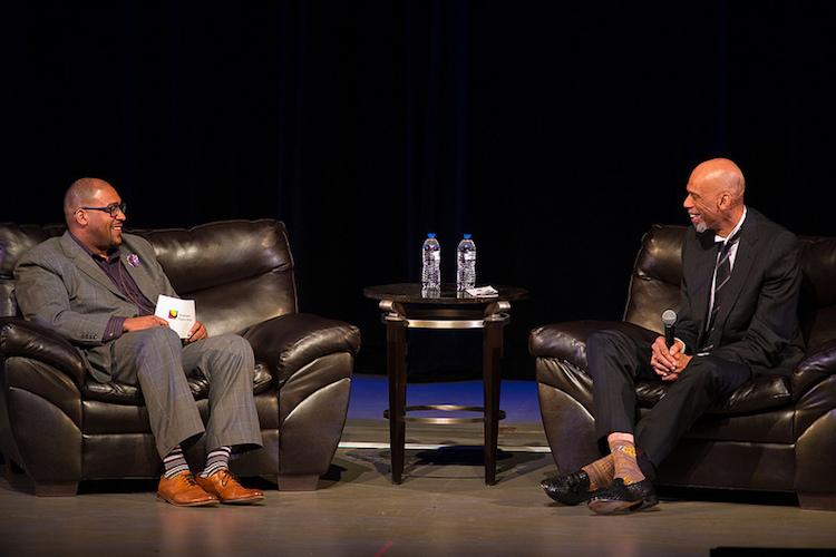 Tim Terrentine interviews Kareem Abdul-Jabbar at Miller Auditorium.