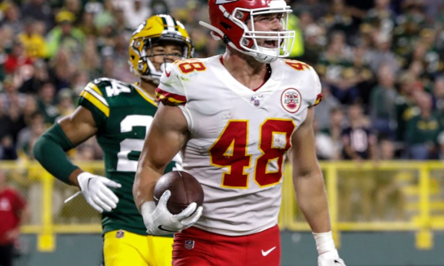 Kansas City Chiefs Nick Keizer reacts after catching a touchdown pass during the second half of a preseason NFL football game against the Green Bay Packers Thursday, Aug. 29, 2019, in Green Bay, Wis. (AP Photo/Mike Roemer). 