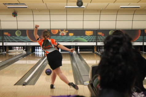 Freshman Aubrey Rowlson attempts to pick up a spare. A spare gives the bowler ten points plus their next shot meaning a single frame with a spare can be worth up to twenty points.