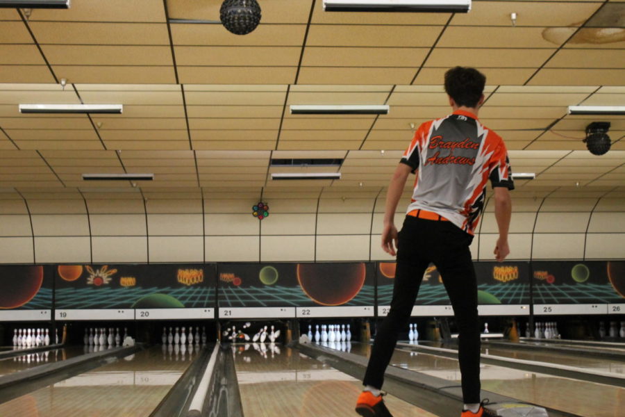 Senior Brayden Andrews shoots a strike. A strike gives the bowler ten points plus their next two shots meaning a single frame with a strike can be worth up to thirty points.