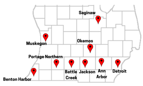 Multiple schools across the state were the targets of swatting calls on the morning of Feb. 7. Pictured here are the locations of some of the earliest confirmed calls. (Map created by Bryana Quick)