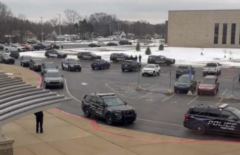 Multiple law enforcement vehicles were visible from the south side of the building on the morning of Feb. 7 in response to a fake statewide threat. 
