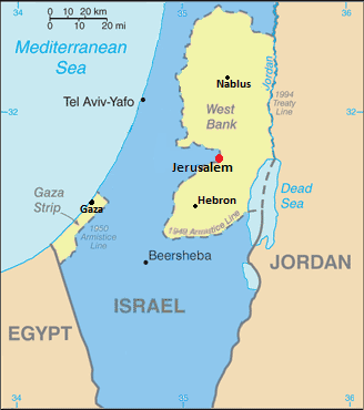 This map shows Israel in blue with the Gaza Strip and West Bank in yellow.