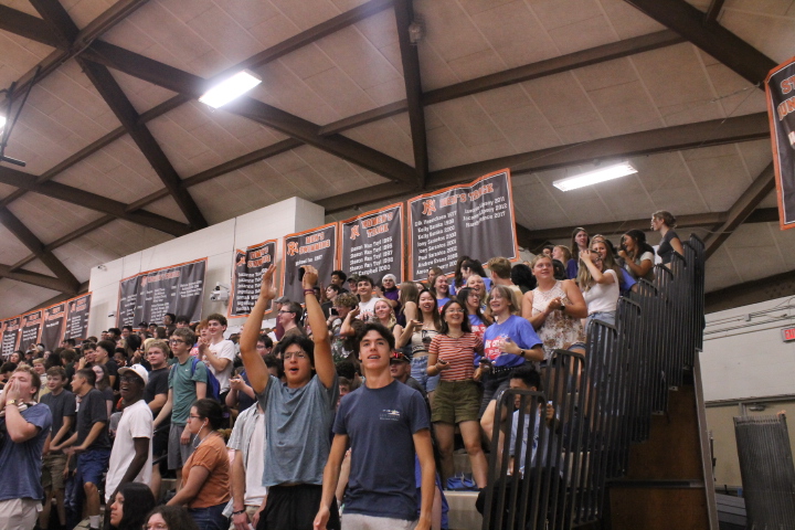 The junior class watches on during the department "Through the Hoops" contest. 