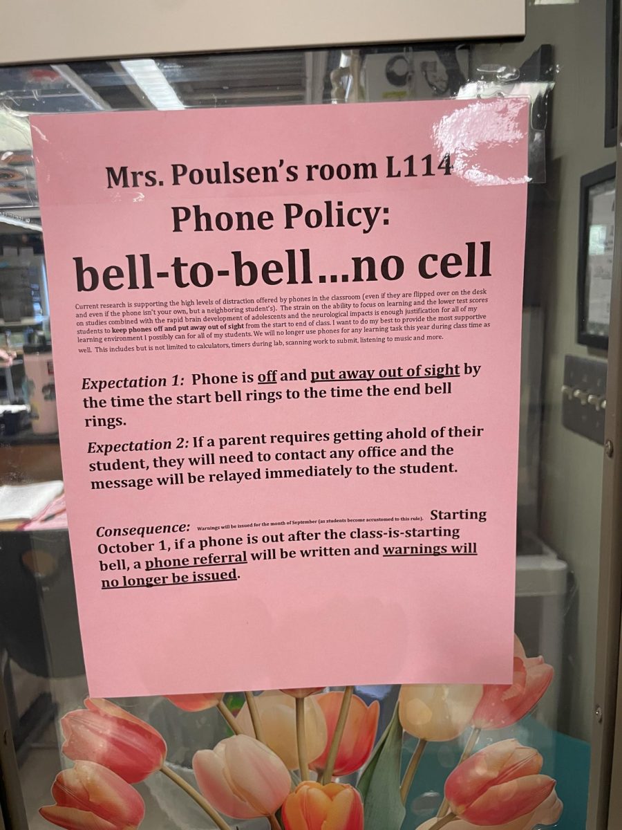 Signs like this one in Mrs. Poulsen's room indicate whether or not a teacher allows cell phones in their classrooms. 